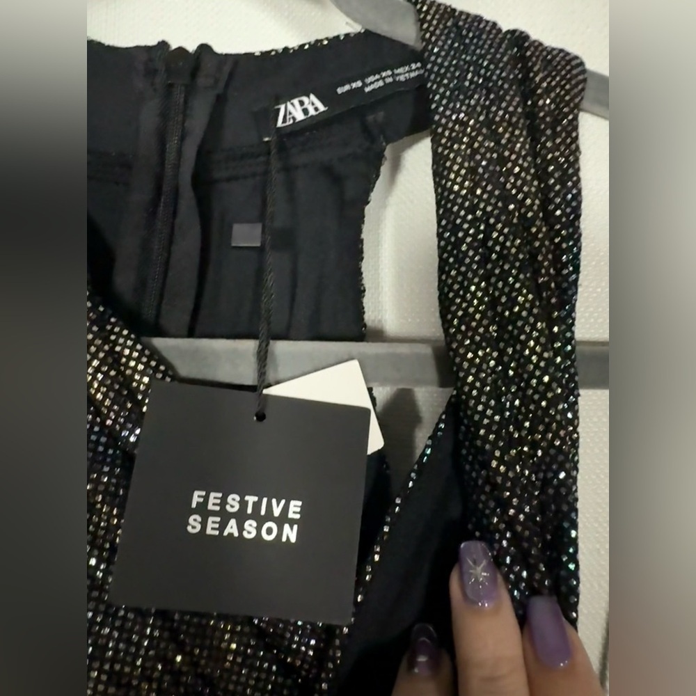 Zara Black Rainbow Metallic Cross Neck Halter Ruched Mini Dress XS - Picture 10 of 16
